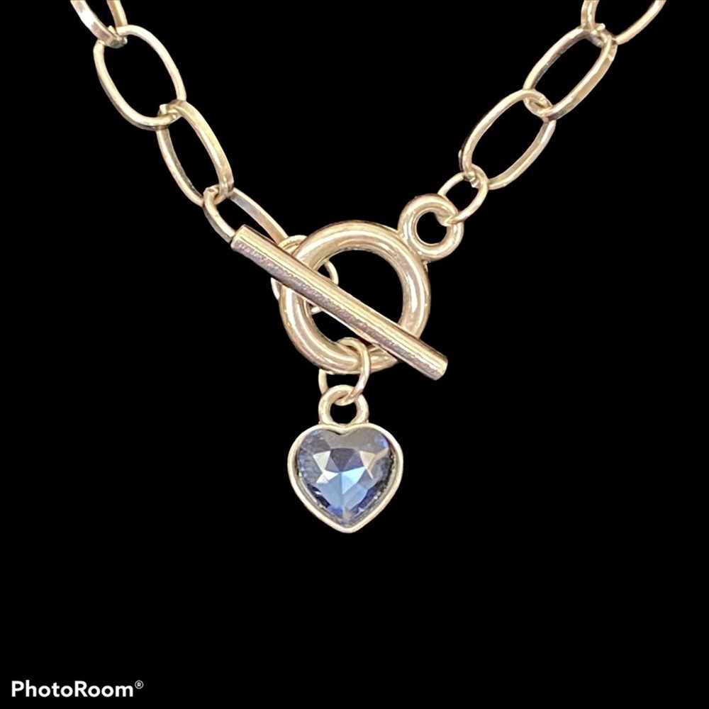 Silver-tone Blue Heart charm pendant Toggle chain link Necklace